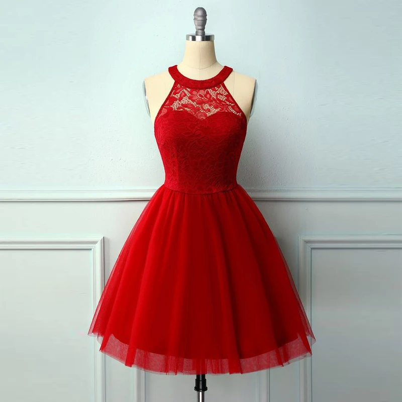 Vintage Red Kleider Halter Neck Sleeveless Spitze Abendkleid A-linie Tüll Knie-Länge Party Kleider Graduation Kleider Cocktail Kleid