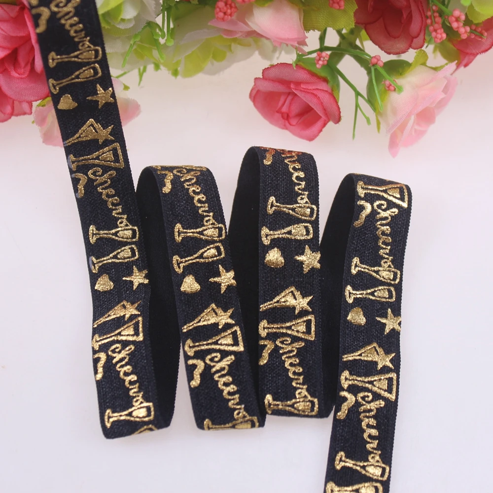 

New Arrival 5/8'' 15mm Gold Foil Cup Cheers Printed FOE Fold Over Elastic Ribbon For Hair Bows 100Yards