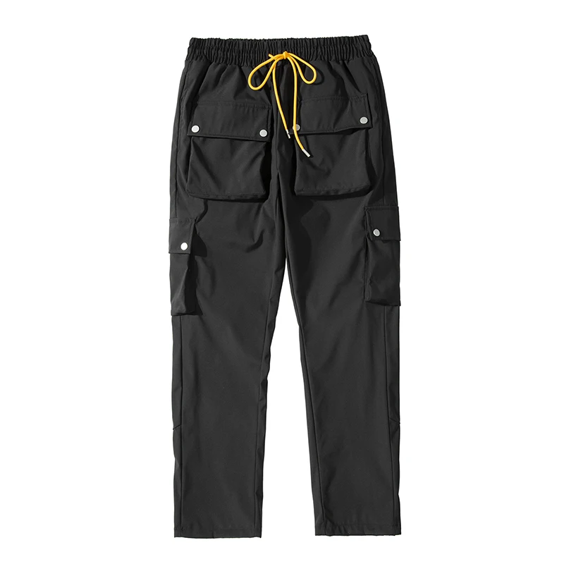 High Street Multi-pocket Casual Trousers for Men and Women Side Breasted Drawstring Cargo Pants Harajuku Solid Loose Pants