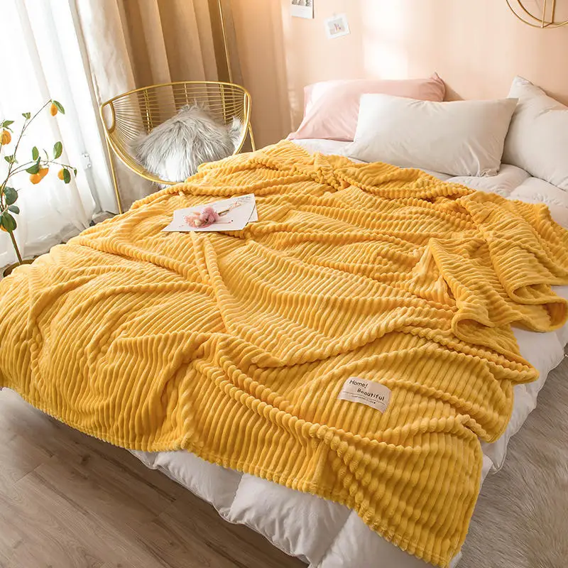 

Bed Blanket with Solid Warm Yellow Soft Square Lattice Flannel Blanket on The Bed Thick Blanket and Plaid Blanket