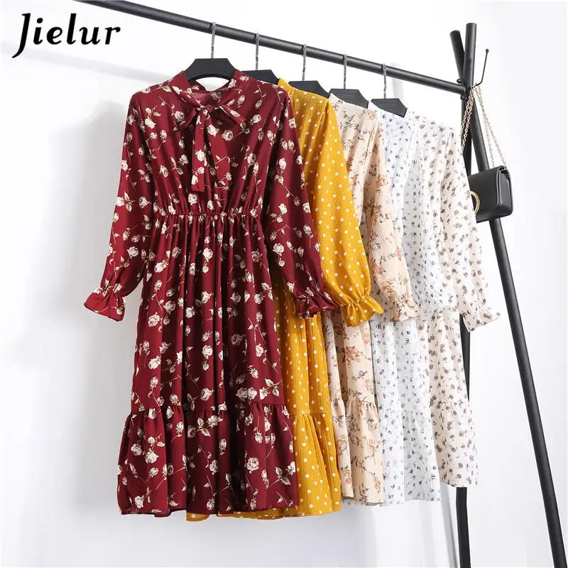 

Jielur Chiffon Dress Women Pleated Floral Print Elastic Waist Dresses Long Sleeve Vintage Casual Vestidos Robe 2021 New Spring
