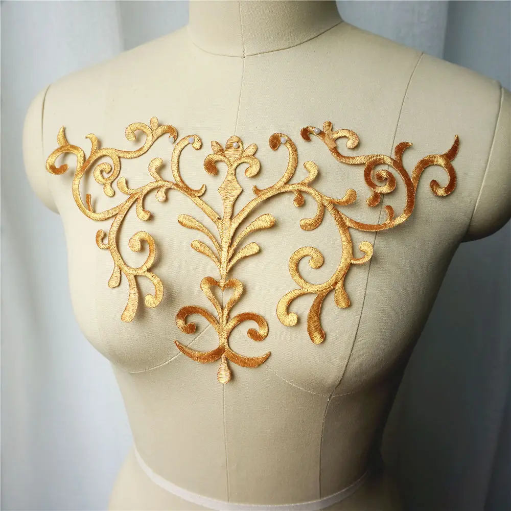 Gold Baroque Appliques Embroidered Gown Fabric Collar Sew Iron On Patches For Wedding Decoration Dress DIY