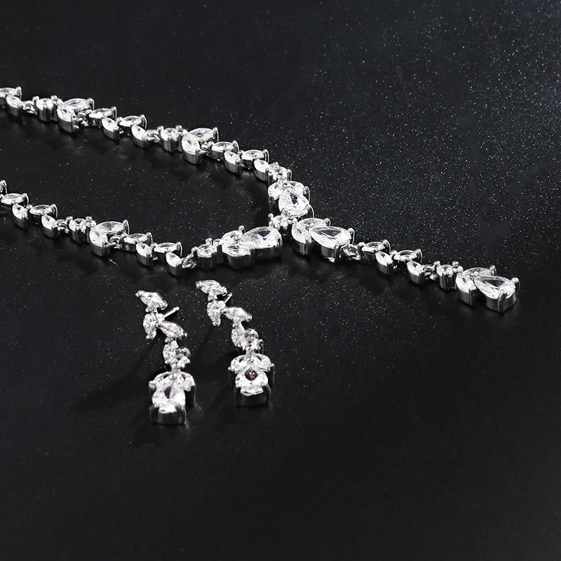 WEIMANJINGDIAN Brand New Arrival Elegant Leaf Shape Cubic Zirconia Necklace and Earring Wedding Jewelry Set