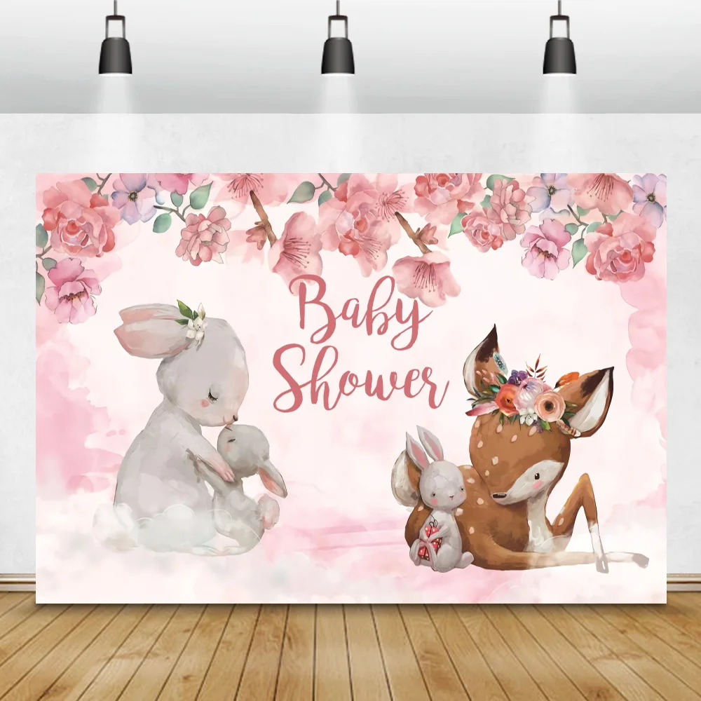 Baby Shower Rabbit Deer Pink Flowers Background Child Birthday Party Decor Family Photocall Poster Custom Photography Backdrop