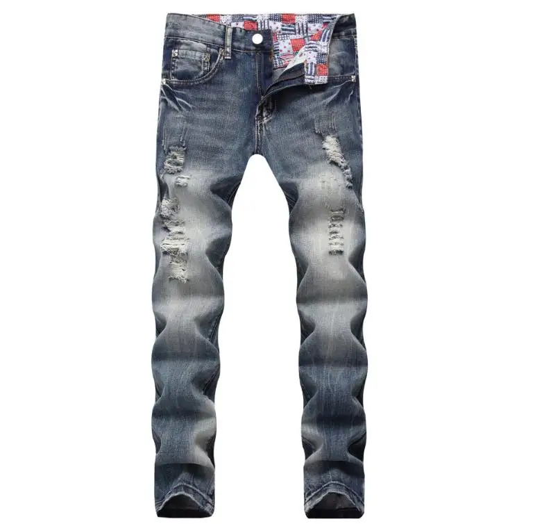 

Ripped Straight Men's Washed Distressed Denim Fashion Casual Jeans Long Trousers High Qulaity Szie 28-42