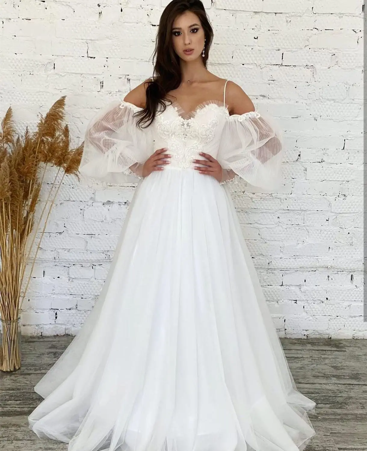 Vestido de noiva 2021, veste de casamento vintage em organza com manga longa, simples, barato