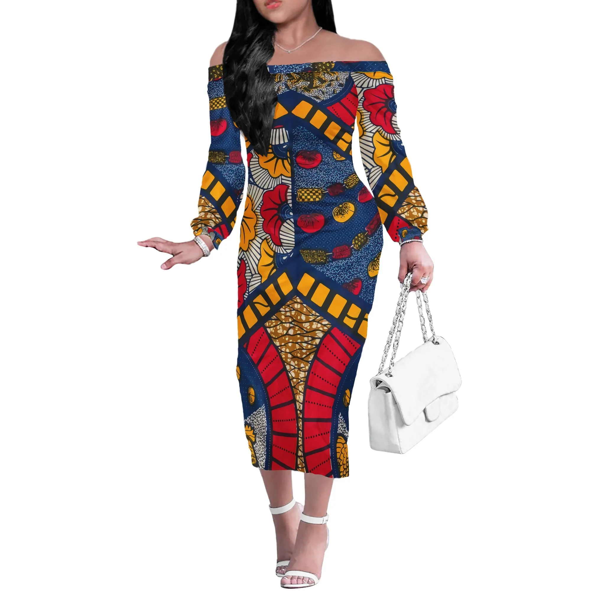 Design Vintage African Styles Printed  Long Sleeve Dresses Knee Length Womens Casual Spandex Dress Clothing