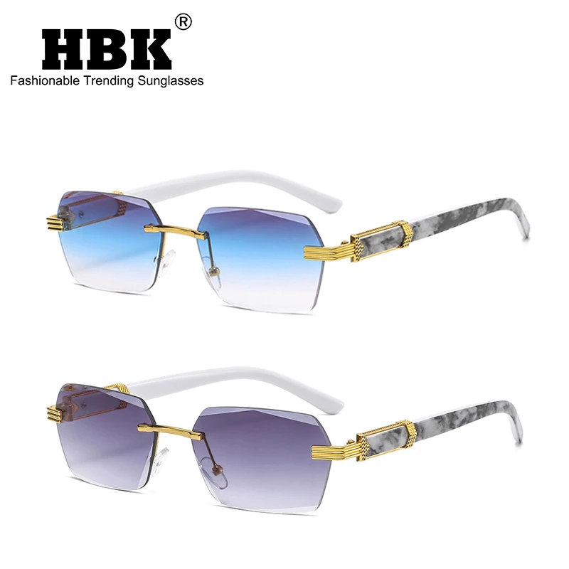 HBK Retro Rimless Square Sunglasses For Men Clear Ocean Gradient Polygon Frameless Eyewear Men Special Textures Women Sunglasses