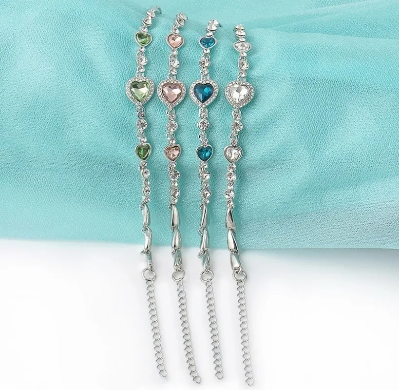 5 Colors Fashion Ocean Crystal Rhinestone Stainless Steel Clasp Heart Bracelet For Women Femme Girl Gift Bangle