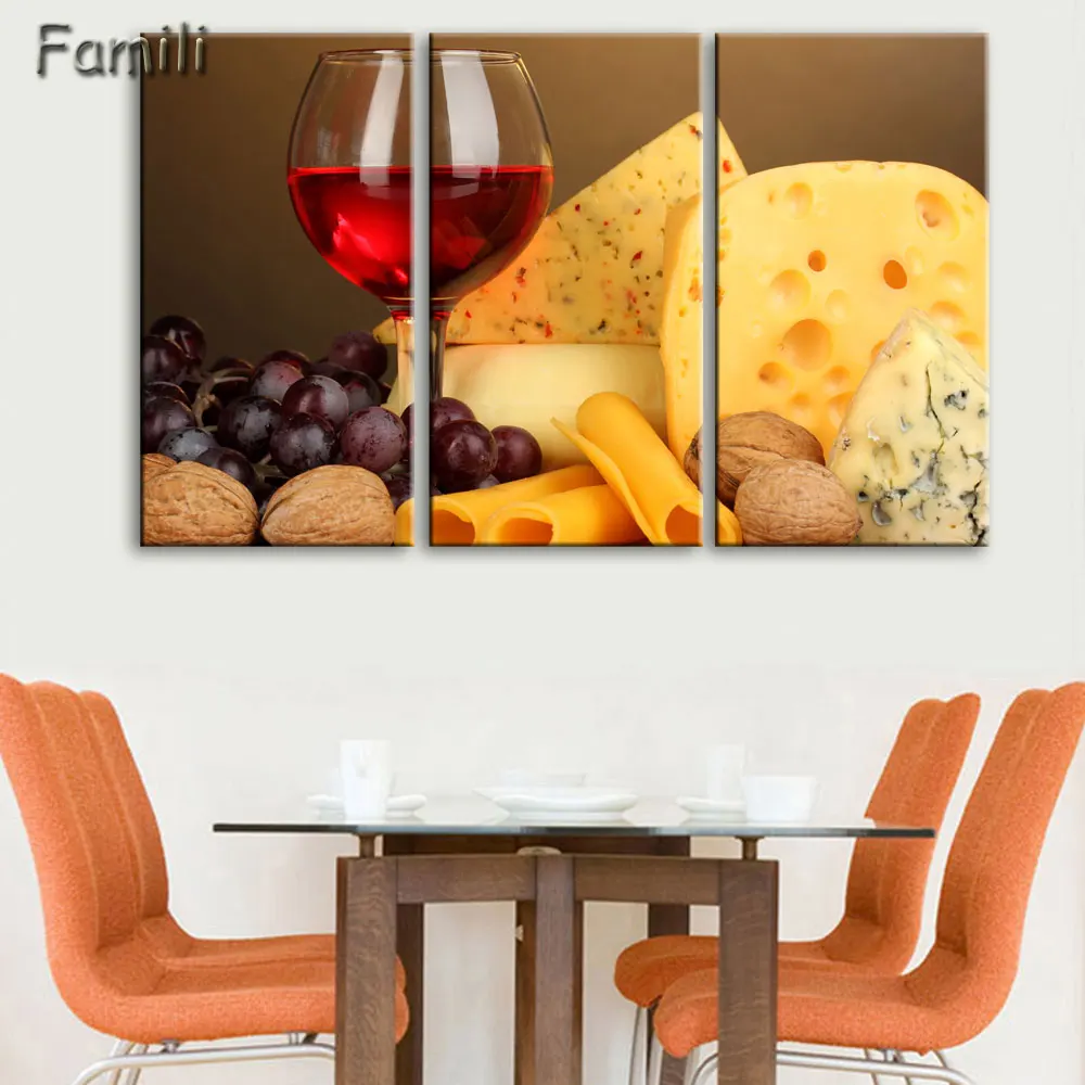 

Modular Picture Artwork 3 Pieces Wine Grape Dessert Framed Painting Canvas Wall Art Modern Kitchen Restaurant Decoration