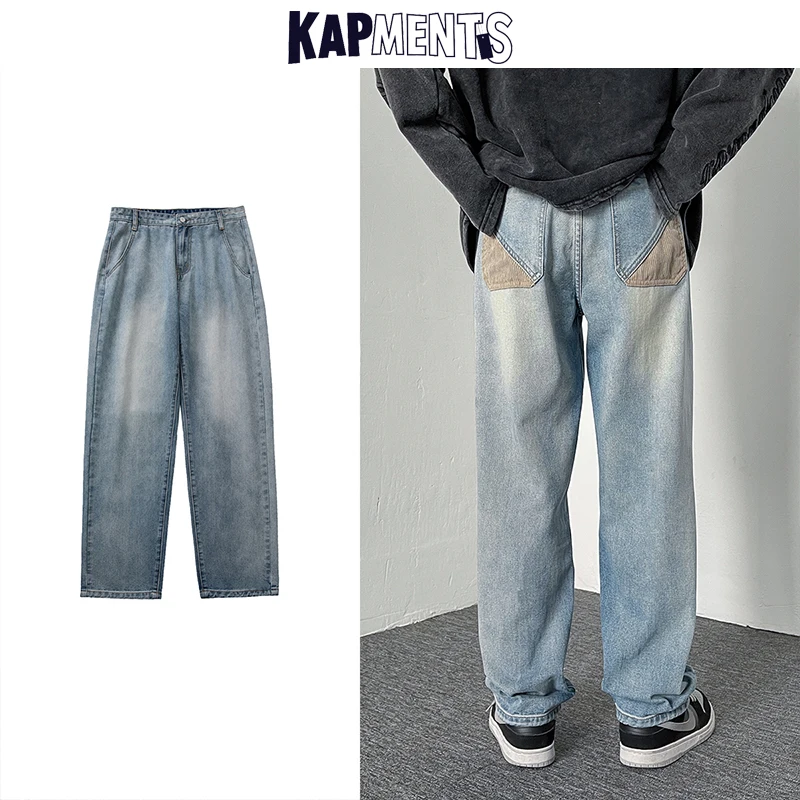 KAPMENTS Men Blue Baggy Straight Jeans Pants 2023 Mens Wide Leg Harajuku Denim Trousers Man Japanese Streetwear Casual Joggers