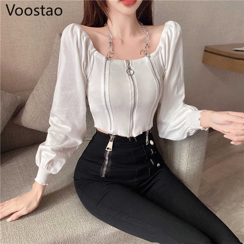 Spring Autumn Women Casual Off Shoulder Slash Neck Knitted Long Sleeve T-shirt Sexy Gothic Punk Metal Chain Crop Tops Slim Shirt