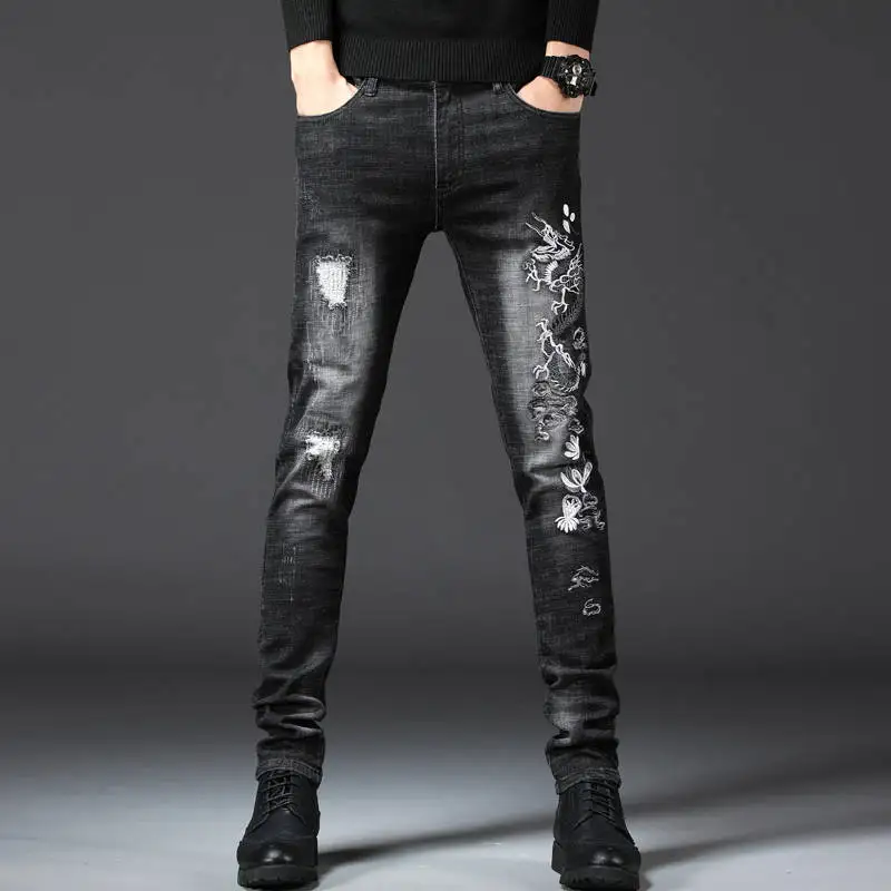 

Embroidered jeans men's spring black hole casual Slim stretch feet straight printed long pants mens jeans