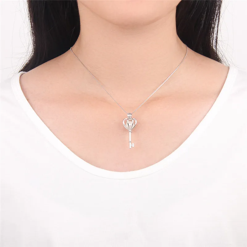 CLUCI 925 Sterling Silver Pendant Women Jewelry Love Key Shaped Real Silver 925 Pearl Cage Pendant Zircon Locket SC030SB