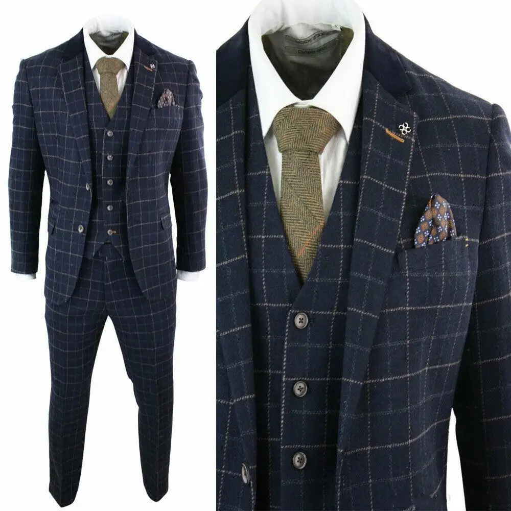 

Business Men Suits Slim Fit Tweed Check Notch Lapel Jacket Wedding Tuxedos Groom Suit Fit Tuxedos Prom Suit Jacket Vest Pants