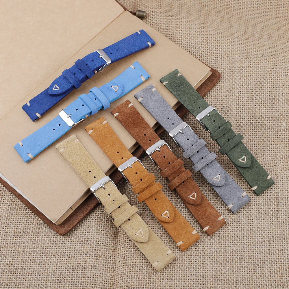 Suede Watch Strap Genuine Leather Retro Brown Watchbands 18mm 19mm 20mm 22mm Stitching Wristband Replacement Band Watch Parts