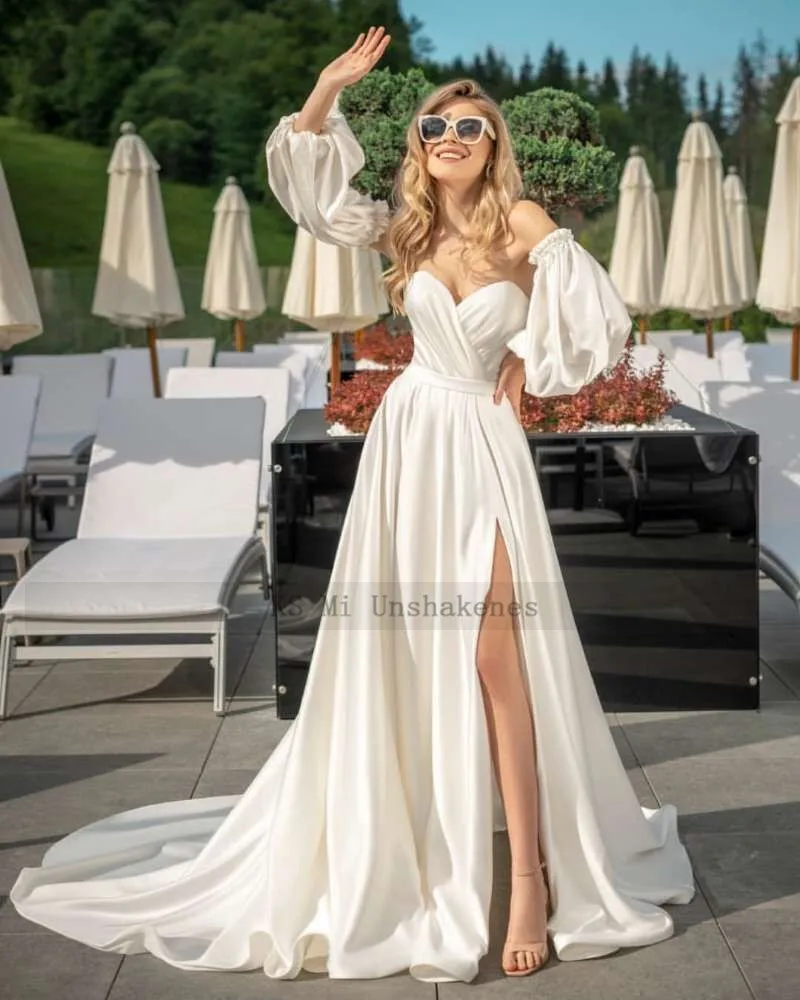 2021 Elegant Satin Wedding Dresses Puff Long Sleeve Cheap Bride Dress Split Side Beach Wedding Gowns Boho Pleated Plus Size