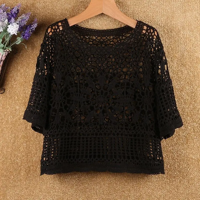 Lace hollow crochet short women\'s spring/summer 2023 fashion new sweater loose blouse with western style casual all-match