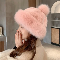 HT4004 Gorro de piel sintética de zorro para mujer, gorro ruso grueso y cálido, gorro de invierno a la moda para mujer, gorro de esquí para nieve a prueba de viento, gorro ruso Ushanka