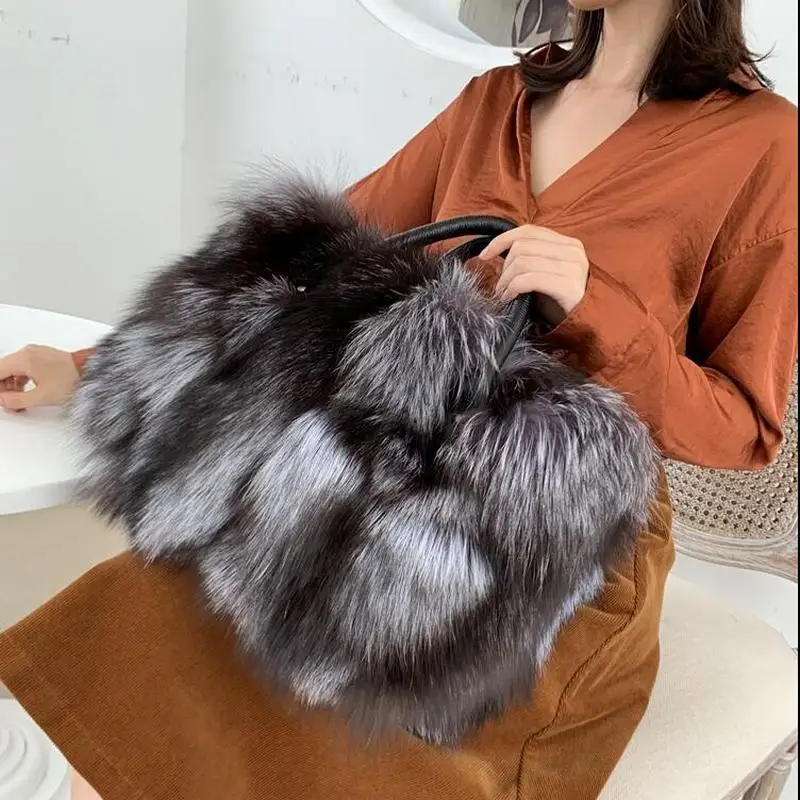 ZDFURS* 2021 New Women Silver Fox Fur Handbags Genuine Cowhide Hard Handle Big Handbag Full-pelt Red Fox Fur Large Shoulder Bag