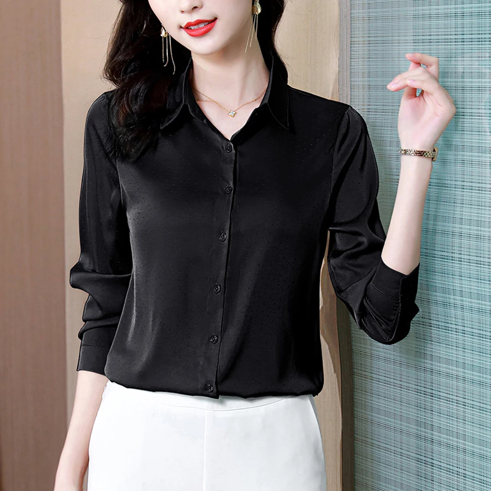 Fashion Women Satin Silk Blouses 2024 Spring Office Lady Elegant White Shirts With Chic Mini Dots Soft Bright Basic Tops Blusas