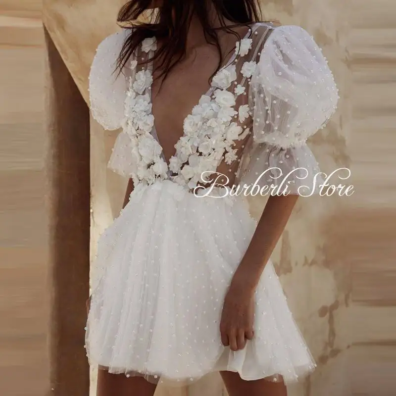 Pretty White Handmade Flowers Beaded Mini Dress Sexy Deep V-neck Backless Women Summer Dress To Brithday Party Prom Gowns