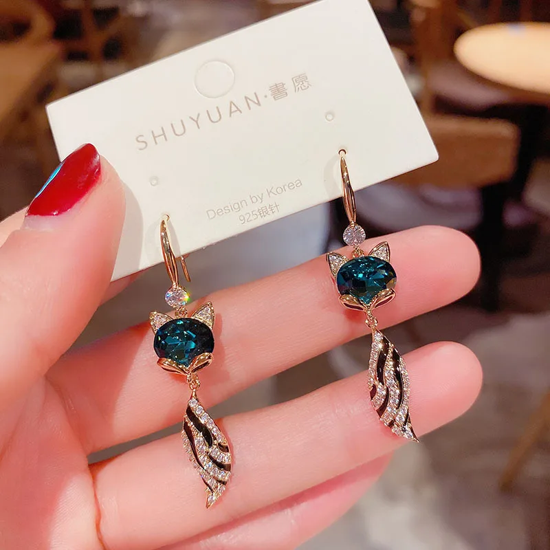 New Temperament Zircon Green Crystal Fox Long Fashion Personality Wild Earrings Women\'s Gift Earrings