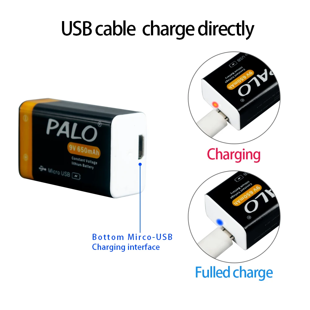 PALO 9V Stable Voltage USB Rechargeable Battery Lithium 6f22 9V Li-ion Batteries For Multimeter Smoke Alarm Metal Detector Toy