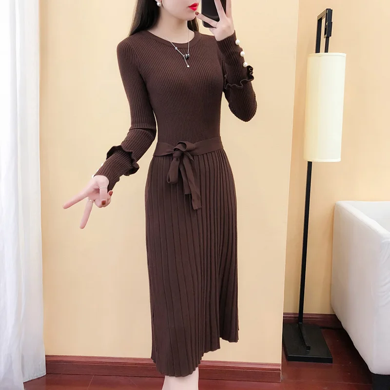 Korean Slim Knitted Sweater Dress O-neck Women Elegant Lace-up Midi Dresses Pleated Autumn Winter Stretch Casual Vestidos