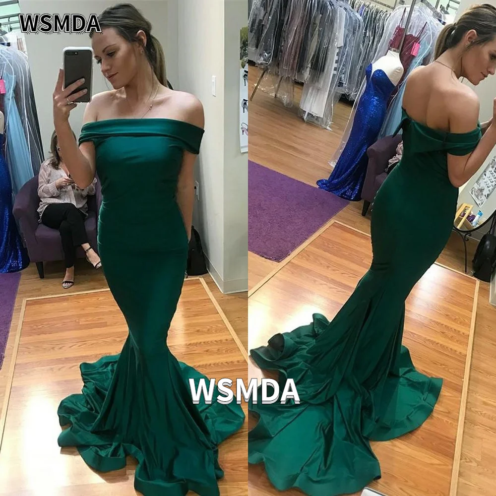 2021 Off-De-Schouder Rits Mermaid Prom Jurk Satijn Sweep Trein Trompet Formele Party Gown Speciale Gelegenheid Jurken custom Made