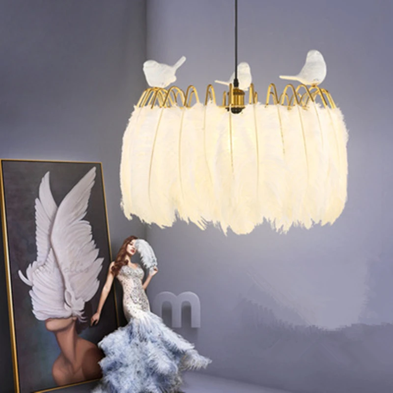 

Ins Hot Ostrich Feather Bedroom Pendant Lamp Creative Bird Feather Girl's Room Restaurant Model Room Haning Light Fixtures