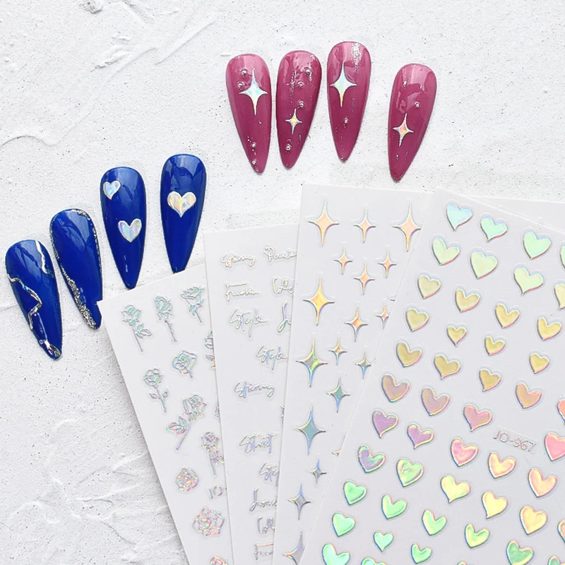 

Magic Aurora nail Decals star heart rose flowers letters design laser foils 3D nail decoration self glue nail strips YJ085