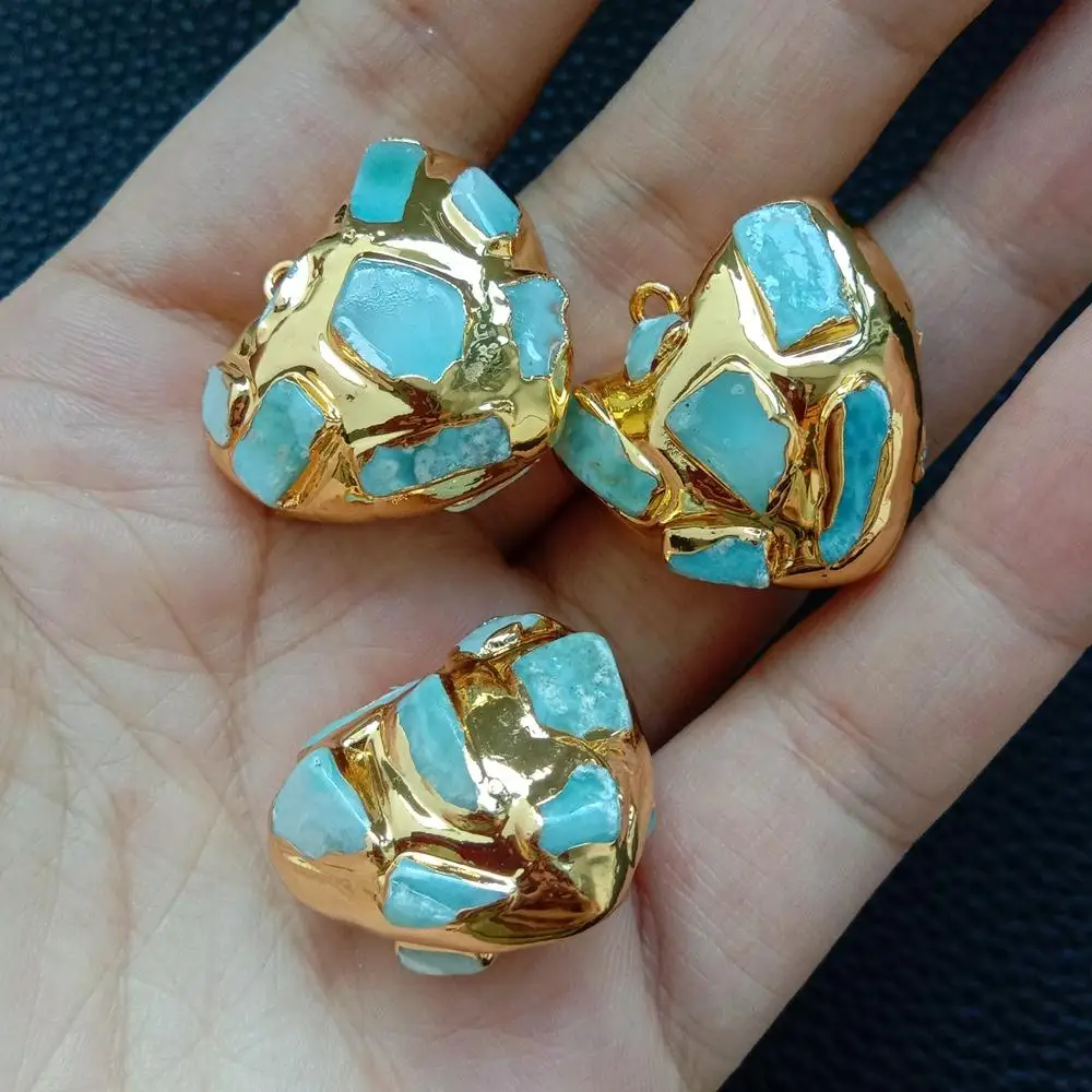5 pcs Natural Blue Larimar Heart Shaped Pendant with 24K Metal Plated Pendants 28x28mm
