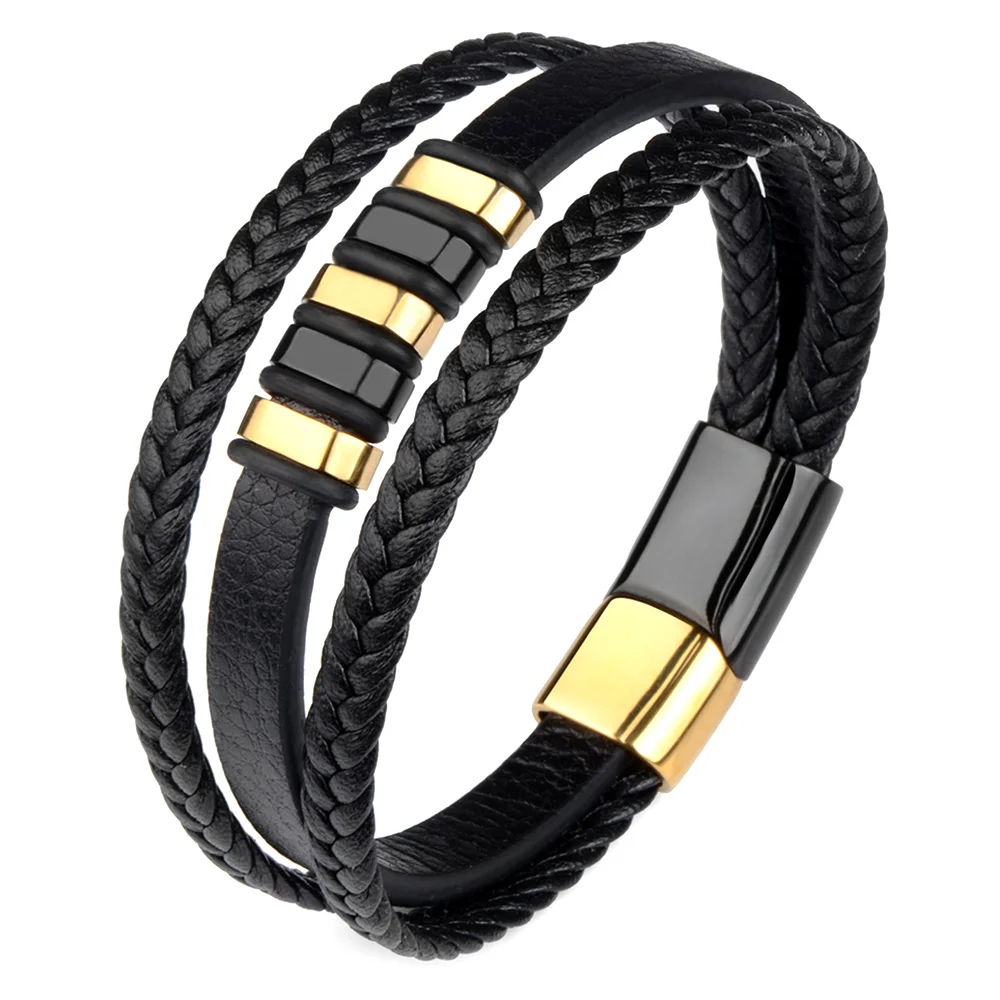 Fashion Genuine Leather Black Men Bracelet With Stainless Steel Magnet Clasp Braid Punk Rock Bracelet For Men Jewelry Gift