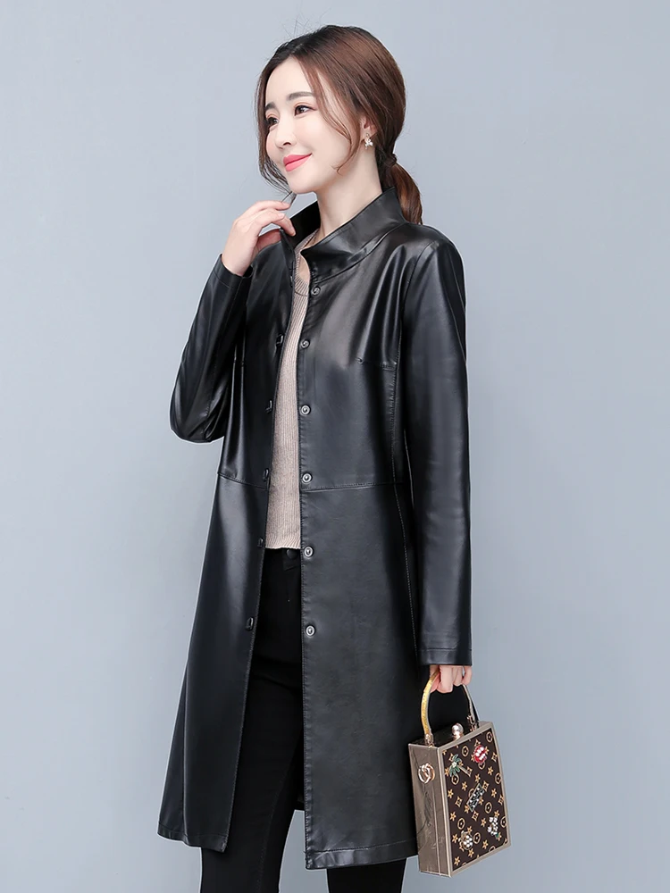 2023 Spring New Genuine Leather Jacket Female Mid-length Korean Slim Sheepskin Trench Coat Trendy Women Stand-up Collar Jackets