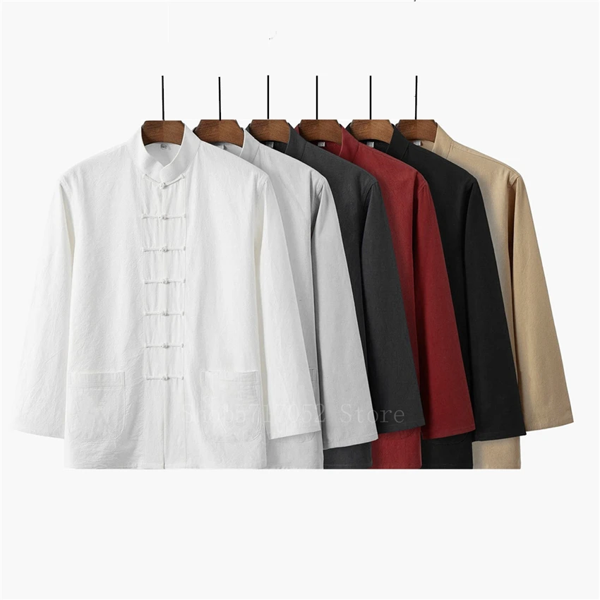 

Retro Man Linen Cotton Chinese Traditional Hanfu Shirt Solid Casual Kung Fu UniformsTang Suit Male Long Sleeve Tai Chi Shirts