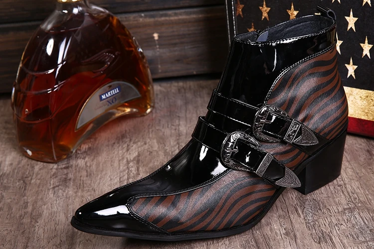 Korean Style Men Genuine Leather Shoes Pointed Toe Double Buckle Strap Ankle Boots Winter Dress Business Shoes Hombres Botas