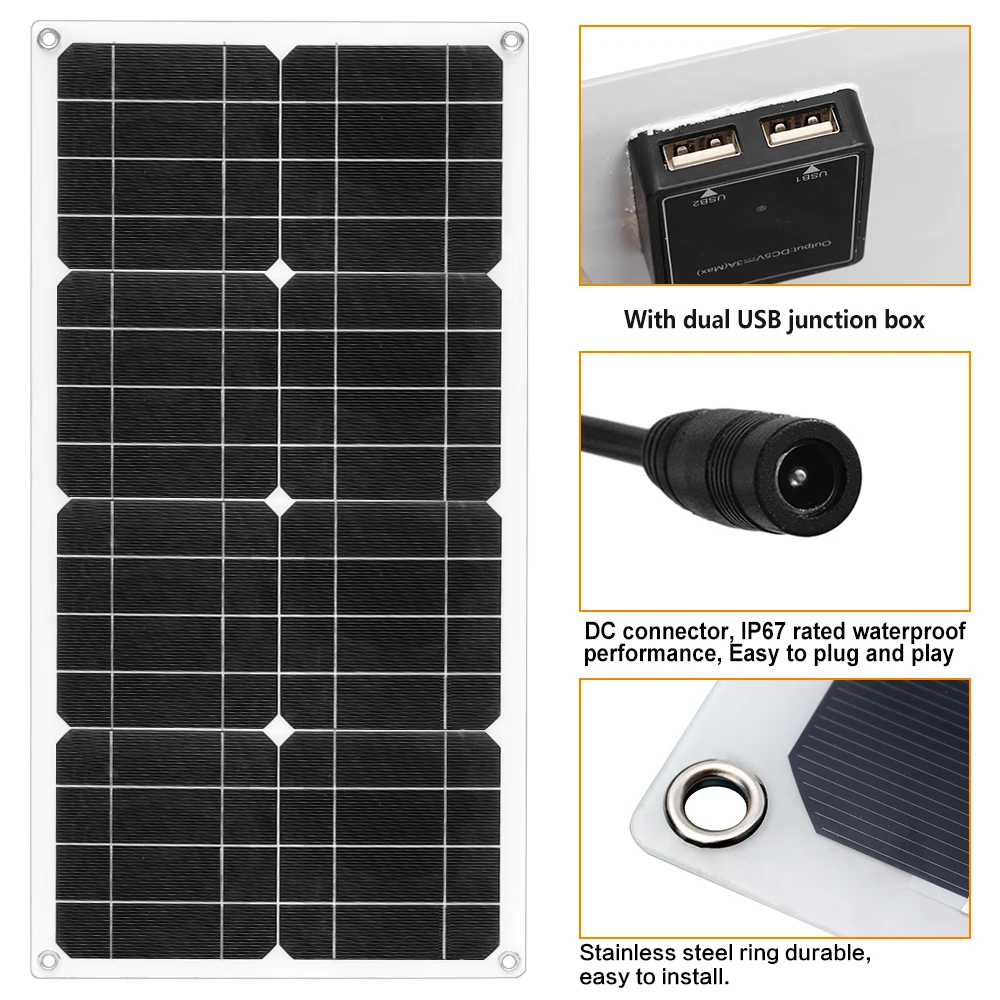 18V 50W Monocrystaline Solar Panel Dual USB DC Output Port 12V 5V Solar Battery Charger Kit With 10A Solar Controller & Cables