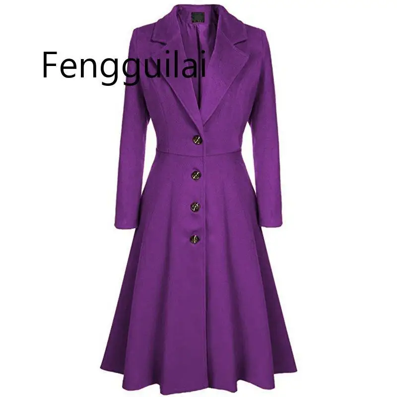 

Winter Wool Warm Casual Office Ladies Women Long Trench Coats Slim Lapel Pleated Button Autumn Retro Female Overcoats