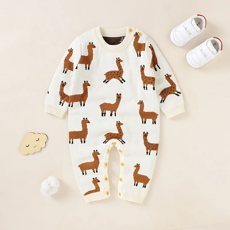 

Baby Romper Cotton Knit Newborn Girl Jumpsuit Outfit Long Sleeve Autumn Toddler Infant Boy Playsuit Cute Cartoon Alpaca Clothing