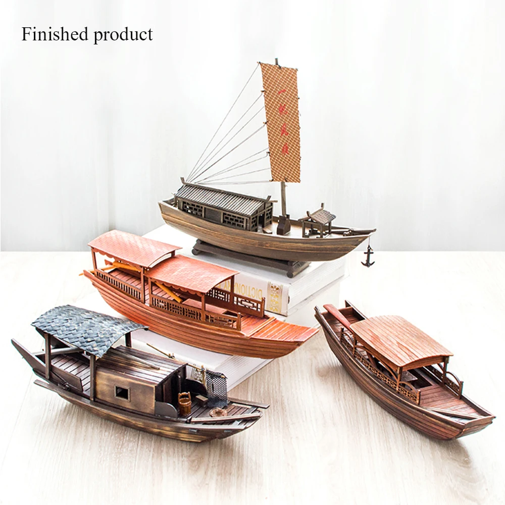 Chinese Traditional Wood Dark-awninged Boat Model Jiangnan Water Township Handmade Retro Wooden Boat Small Fishing Boat Models