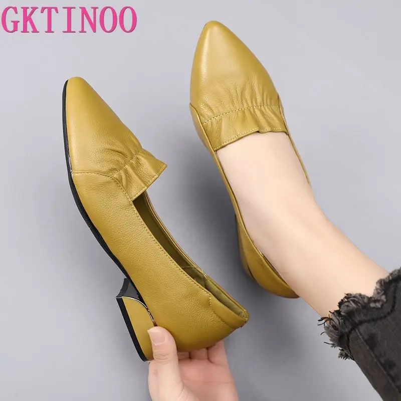 GKTINOO Brand Shoes Thick Heel Ladies Pumps Genuine Leather Pointed Toe Colorful Square Heels Party Handmade Shoes Women