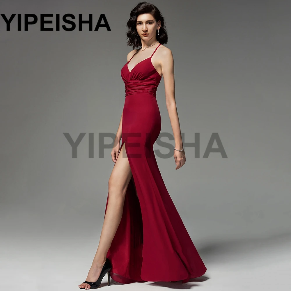 Dekolt w szpic szyfon Spaghetti pasek suknie wieczorowe przód wysoki podział Backless-line Prom suknia wieczorowa vestidos de fiesta فساتين الس