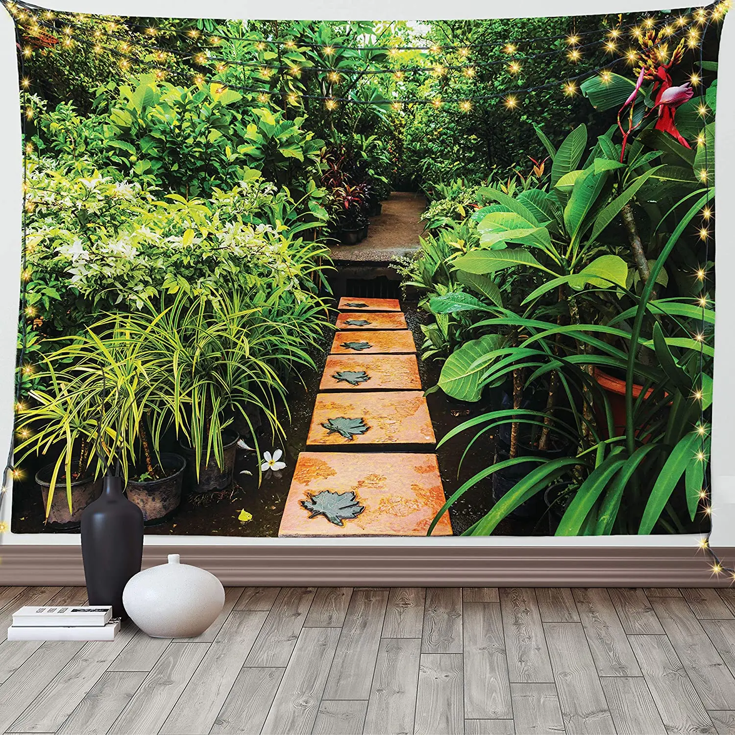 Peace Garden Tapestry Garden with Tropical Plants and Wooden Path Tranquility Harmony Wall Hanging Decor for Bedroom Living Room