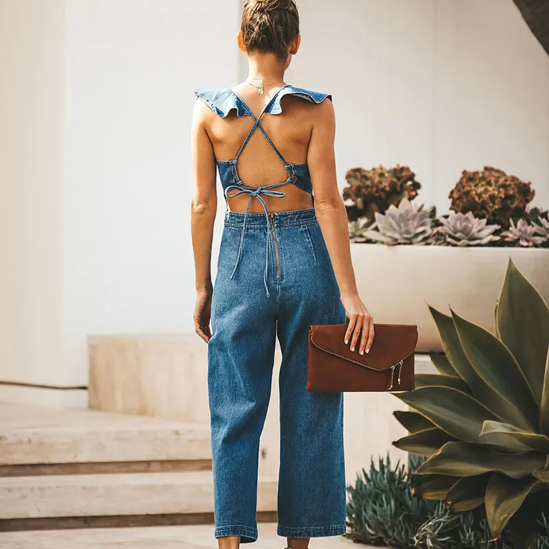 Nieuwe Mode Lente Zomer Lace Up Een Stuk Rompertjes Vrouwen Sexy Backless Lichtblauw Dames Party Jumpsuit Rechte Broek 2020