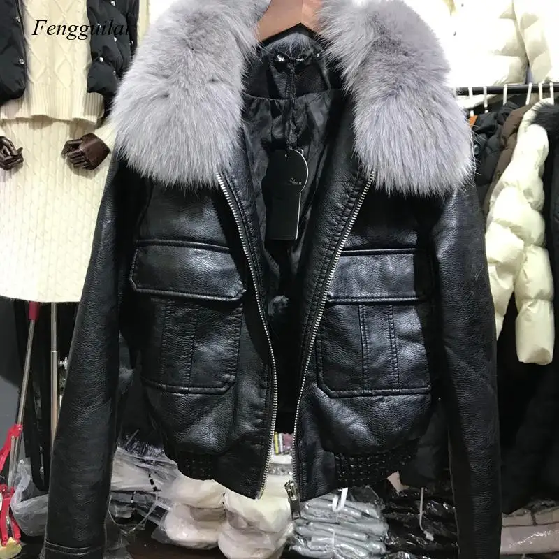 Große Hight Qualität Fuchs Pelz Kragen 2020 Neue Frauen Winter Warm Faux Leder Jacken Motorrad Pu Leder Jacke Weibliche Warme mäntel