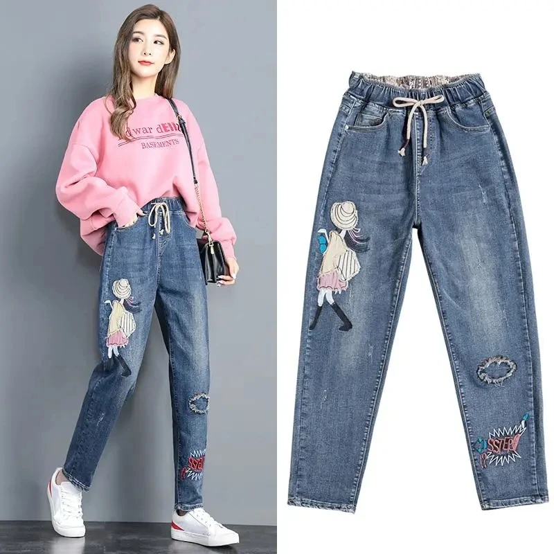 

2024New Jeans Women Embroidered Trousers Women Spring And Autumn High Waist Trousers Pattern Harem Pants Femme L129