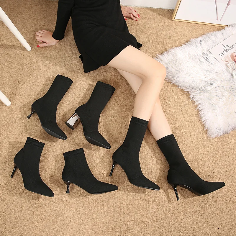 Short boots women spring and autumn knitted socks boots elastic boots fine heels thin skinny boots high heels socks boots women