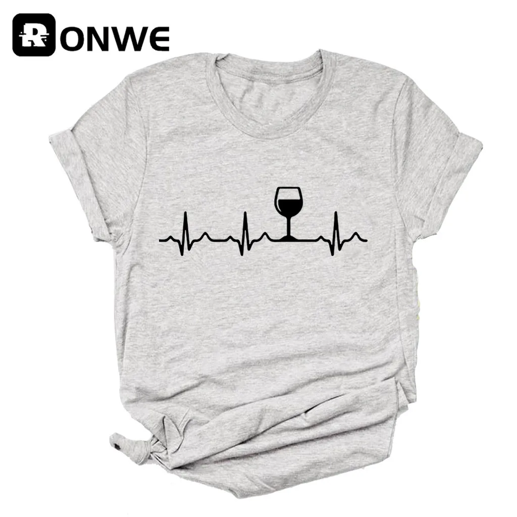 Wine Heartbeat Printed Short Sleeve Black Women T-shirt Girl Vintage Tops Tee Female Harajuku Clothing Streetwear,Drop Ship