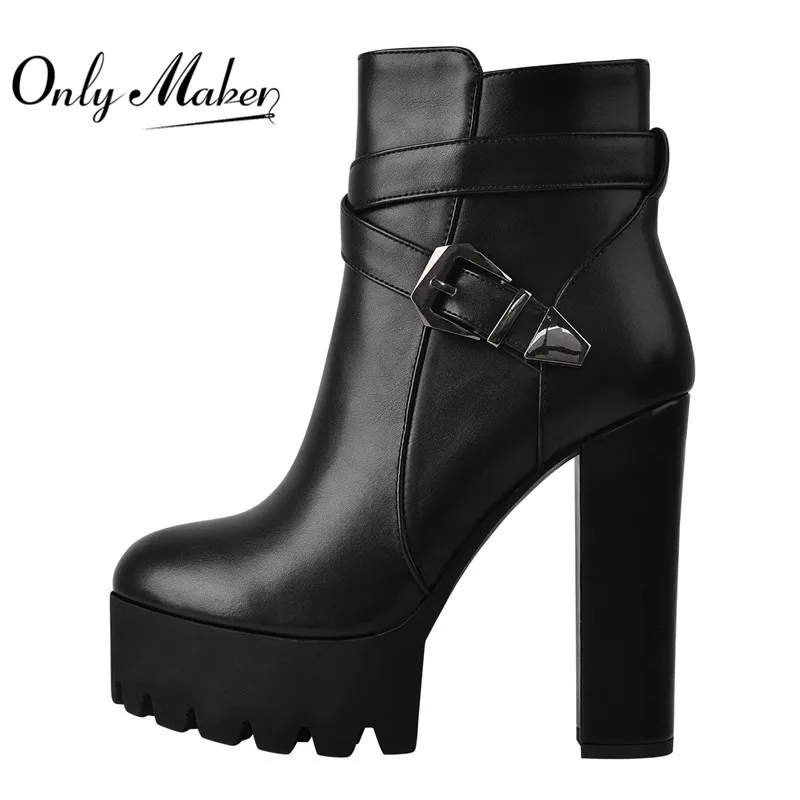 Onlymaker Women\'s Matte Black Platform Chunky High Heel Side Zip Ankle Boots Plus Size Boots